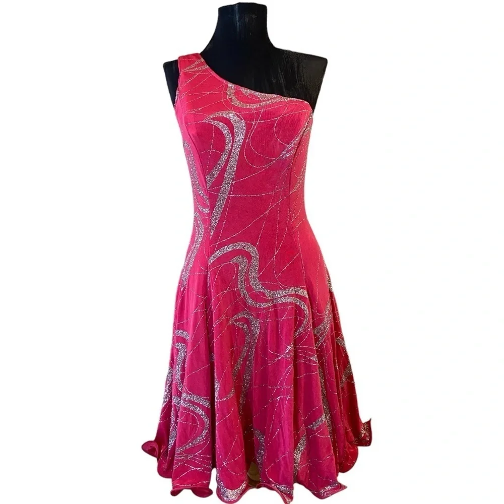 Vintage Rivar's Pink Ruffle One Shoulder Dance Dress 5/6 - Picture 4 of 16